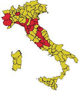 In rosso, la diffusione dell'animale in Italia